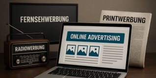 Anzeigenwerbung über Radio, Fernsehwerbung, Printmedien, Zeitungen, Suchmaschinenwerbung und soziale Medien.